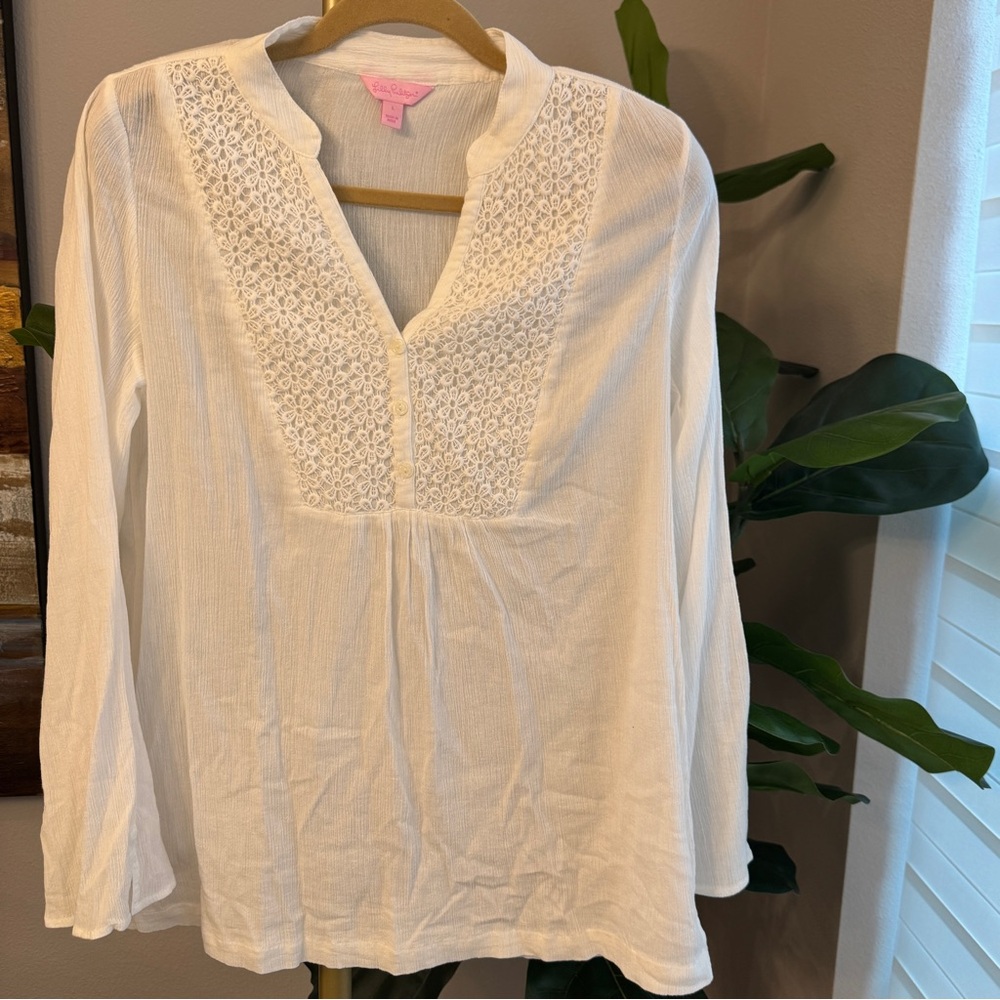 Lily Pulitzer White Cotton Peasant Gauze Crepe Embroidered Women's Top Size: L